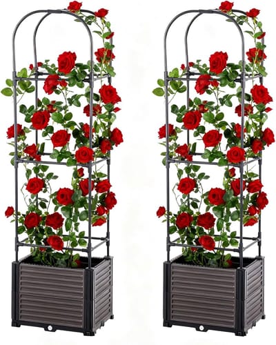 HoerFuriy Plantenbak met Klimrek Set van 2 - Zelfwaterend - 40x40x150cm - Verrijdbaar Klimplantenrek - Antraciet