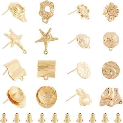 16 Stuks Messing Stud Oorbellen Onderdelen met Platte Ronde Sterrenbeeld en Bloem Motieven, Inclusief 20 Oorbellen Moeren voor Sieraden Maken