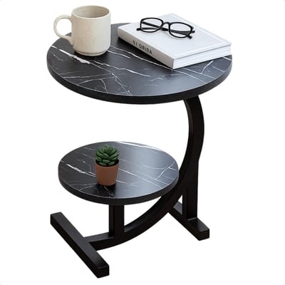 Lomera Zwart Gemarmerd Blad - Dubbel Tafelblad - Bijzettafel Zwart - Sidetable Metaal - Mdf Hout - Marmerlook Bijzettafel - Zwart Metalen Frame - Ronde Bijzettafel - Zwart Marmerlook - Moderne Bijzettafel - Luxe Design
