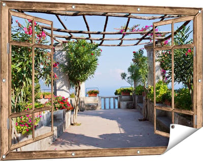 Gards Tuinposter Doorkijk Terras - 120x80 cm - Tuindoek - Tuindecoratie - Wanddecoratie buiten - Tuinschilderij