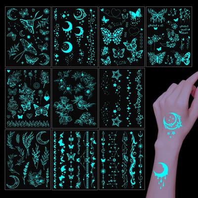Dailygoods- Tatoeages Lichtgevend - Tijdelijke Tatoeages - Waterdichte Stickers - 10 Vellen - Vlinders/Stickers - 15,8 x 12 cm - Lichtgevende Stickers