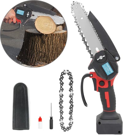 6 Inch Mini Accu Kettingzaag met Temperatuurbescherming, Geleidestaaf + 2 Zaagkettingen, Onderhoudsset Inbegrepen – ZONDER ACCU EN LADER, Accu Apart Aanschaffen