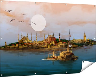 Gards Tuinposter Illustratie van de Maiden's Tower in Istanbul - 150x100 cm - Tuindoek - Tuindecoratie - Wanddecoratie buiten - Tuinschilderij
