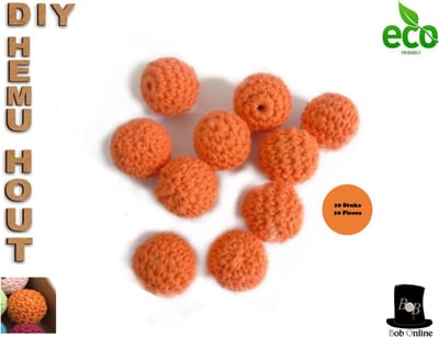 Bob Online ™ – 10 Stuks - 20mm Oranje Ronde Gehaakte DIY Houten Kralen met ca. 4mm Gaatje –  Houten Gehaakte Kralen - Rijgkralen – Kralen Rijgen - Hobby Houten Kralen – DIY Gehaakte Hemu Hout Kralen – 20mm Orange Hemu Wood Crochet Beads x 10 Pcs