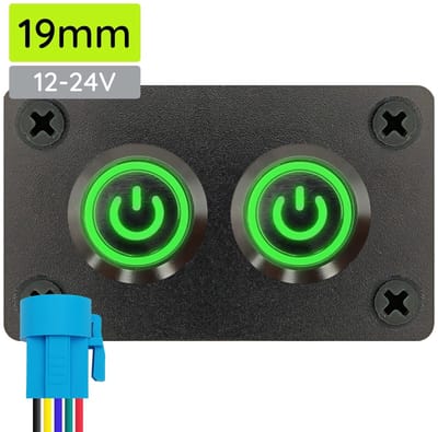 ProRide Metalen drukschakelaars in Tweevoudig inbouwpaneel 12-24V ON-OFF - 19mm - IP67 - LED indicatie Groen