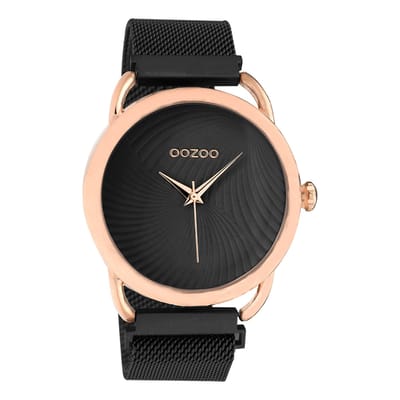 OOZOO Timepieces - Rosé goudkleurige horloge met zwarte metalen mesh armband - C10699