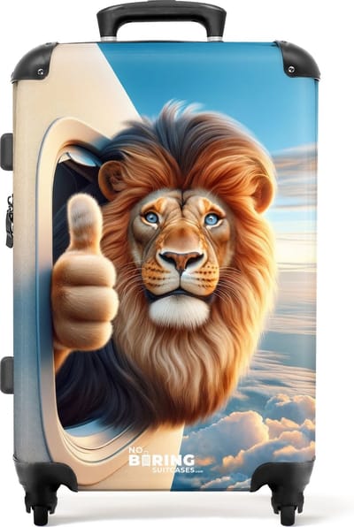 NoBoringSuitcases.com - Grote koffer - Leeuw met opgestoken duim uit een vliegtuigraam - Kinderkoffer jongen - Reiskoffer met 4 wielen - Trolley op wieltjes - Rolkoffer groot kinderen - 72 liter - Ruimbagage valies 20kg