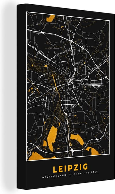 Canvas Schilderij Leipzig - Goud - Stadskaart - Duitsland - Kaart - Plattegrond - 20x30 cm - Wanddecoratie