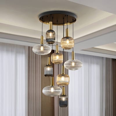 Schuller Valencia Hanglamp Norma, dimbaar, 9-lamps, afstandsbediening, zwart/messing