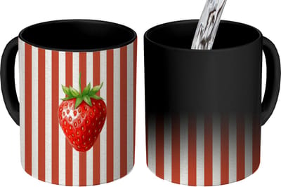 Magische Mok - Foto op Warmte Mokken - Koffiemok - Aardbei - Strepen - Rood - Magic Mok - Beker - 350 ML - Theemok