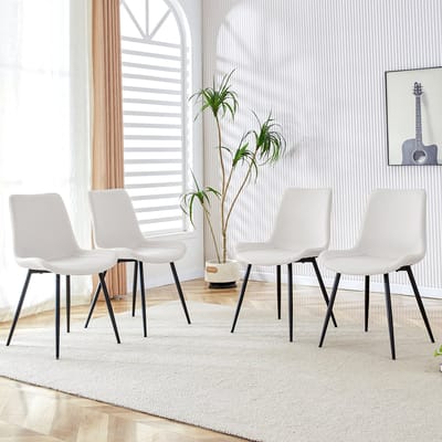 4-delige set witte eetkamerstoelen van kunstleer: Modern design met verbrede zitting, rugleuning en antislip metalen poten voor thuis en op kantoor.