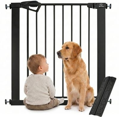 BRONEA® Traphek zonder boren – BALU MAT ZWART Deur- & traphekje 75-82 cm te verbreden tot 165 cm, Auto-Close & Safety-Lock Rood/Groen, incl. Anti-struikelramp, Deurhekje Veiligheidshekje Klemhekje