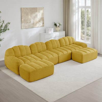 MODENUIT U-Bank - 4-Zits Met 2 Ottomanen - Modulaire Opstelling Voor Woonkamer En Appartement - Granulair Fleece Geel