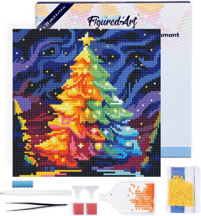 Figured'Art Mini Diamond Painting set Volwassenen 25x25 cm met lijst Kleurrijke Kerstboom - 5D DIY Art full drill ronde diamant - Canvas al ingelijst