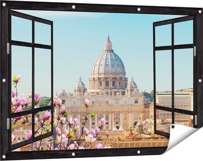 Gards Tuinposter Doorkijk Sint Pietersbasiliek in Rome met Bloemen - 120x80 cm - Tuindoek - Tuindecoratie - Wanddecoratie buiten - Tuinschilderij