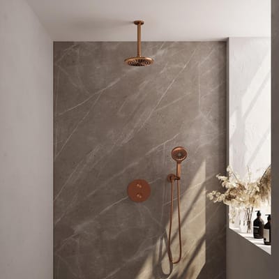Brauer Copper Edition thermostatische inbouw regendouche 3-weg rond SET 83 met 20 cm douchekop en plafondarm en 3-standen handdouche en doucheslang en wandaansluitbocht koper geborsteld PVD