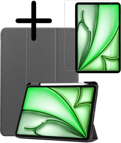 Hoesje Geschikt voor Apple iPad Air 6 (2024) - 11 inch - 6e Generatie - M2 - Met Screenprotector - Trifold Bookcase - Hard Cover Case - Met Uitsparing Geschikt voor Apple Pencil - Hardcover Book - Tablet Hoes - Grijs