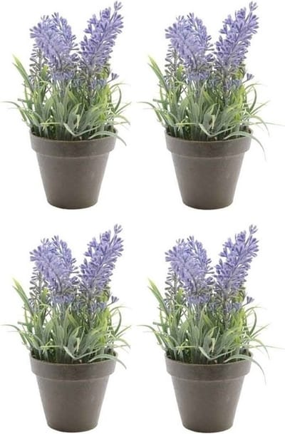 Bellatio Kunstplant - 4x stuks - lavendel - paars - 17 cm - in pot - lavandula- Kunstplanten/nepplanten