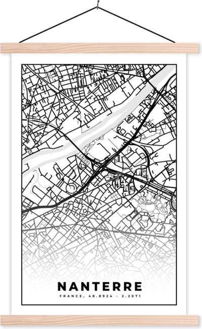 Posterhanger incl. Poster 40x60 cm - Schoolplaat - Plattegrond - Nanterre - Kaart - Frankrijk - Stadskaart - Zwart wit - Textielposter - Blanke latten - Stadskaart