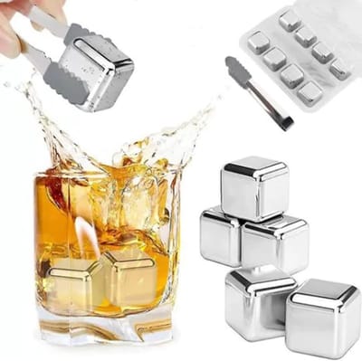 Herbruikbare RVS Koelstenen voor Dranken met IJslepel en Vriesopslag - Ideaal voor Whiskey, Cocktails en Frisdranken (8 stuks)