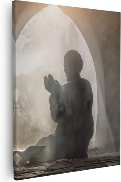 Artaza Canvas Schilderij Biddende Man - 40x50 cm - Wanddecoratie Islamitisch - Muurdecoratie Silhouet - Kamer Accessoires Moskee