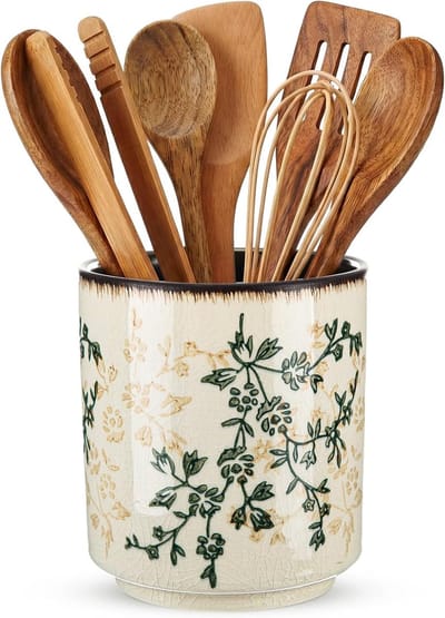 VHV - Bestekhouder - Keukengerei houder - Bestekpot - Keramiek - Landelijk design - Voor aanrecht en keuken - Bloemenprint - 14 cm - Groenbruin