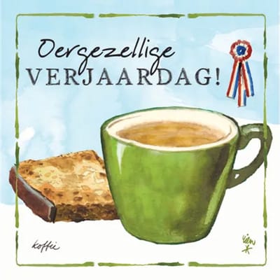 Rien Poortvliet Wenskaart Oergezellige VERJAARDAG! – Koffie – 13,5 x 13,5 cm