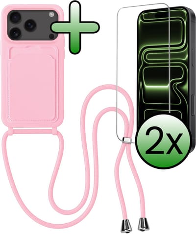 Hoes Geschikt voor iPhone 17 Pro Hoesje Pas Houder Case Hoes Met Koord Met 2x Screenprotector - Hoesje Geschikt voor iPhone 17 Pro Hoes Met Telefoonkoord Pasjeshouder Cover - Lichtroze