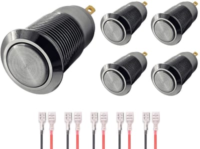 ProRide Mini Drukschakelaar ON-OFF - 12mm Metaal - 12V/24V - Platte Knop - Met Kabels - Zilver - 5 stuks