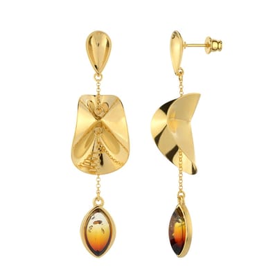 Cavill - 925 Sterling Zilveren Oorbellen - 2,1 ct Baltische Barnsteen - Marquise Cabochon - Elegant Asymmetrisch Design - 64 mm
