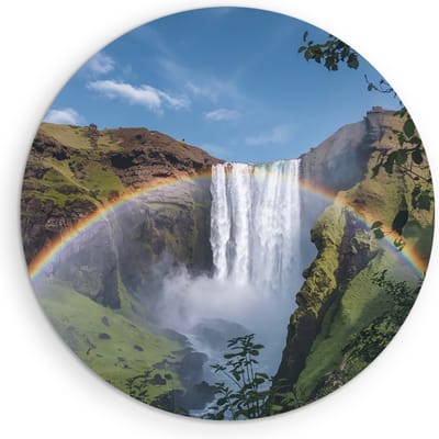 Saammp Muurcirkel Hout - Regenboog bij waterval - Landschap - Natuur - Ø 90 - Wandcirkel - Wanddecoratie Cirkel - Muurdecoratie Woonkamer - Slaapkamer decoratie - Rond Schilderij