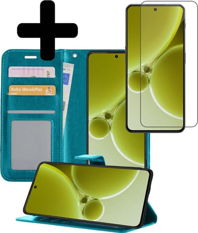 Hoesje - Met Screenprotector - Geschikt voor OnePlus Nord 3 - Luxe Pasjeshouder - Bookcase Portemonee - Flip Case - Kunstleer Book Case - Flipcase - Book Cover - Walletcase - Portemonneehoes - Telefoonhoesjes - Turquoise
