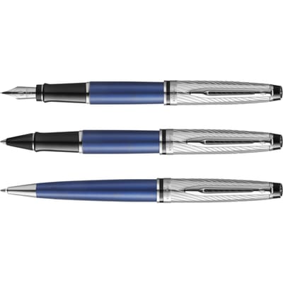 Waterman Expert Deluxe balpen | metaal-blauwe lak met palladium-gecoat detail | medium punt met blauwe inkt | Geschenkverpakking