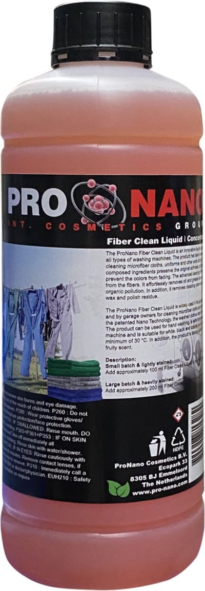 ProNano | Pro Nano Fiber Clean Liquid 1L | Een innovatief wasmiddel geschikt voor alle soorten wasmachines. Ontwikkeld voor het reinigen van microvezeldoeken, uniformen en andere werkkleding. olie- en vetvlekken en andere organische vervuilingen.