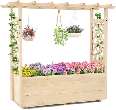 COSTWAY Plantenbak met 2 Zijtrellis Hangend Dak Drainagegat Verhoogd Tuinbed voor Klimplanten Bloemen Kruiden 115 x 40 x 103 cm