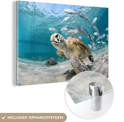 MuchoWow® Glasschilderij 120x80 cm - Schilderij acrylglas - Schildpad - Vis - Zee - Foto op glas - Muurdecoratie woonkamer - Wanddecoratie slaapkamer - Schilderijen
