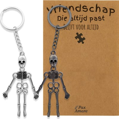 BFF Sleutelhanger voor 2 'Vriendschap die altijd past' - Magnetische Skeletjes - Sleutelhanger set op Cadeau Kaartje - Zilverkleurig & Zwart - Vriendschap Symbool - Pax Amare