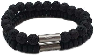 H-Beau - Duo – Cadeau - Set van 2 Handgemaakte Armbanden - Breedte: 8mm – Lengte: 19cm - Zwart - Mannen Armband - Natuurstenen - Natuurkralen - Lavasteen – Kokos – Hout - Kralen - RVS Kraal – Mat – Heren – Unisex - Geschenk