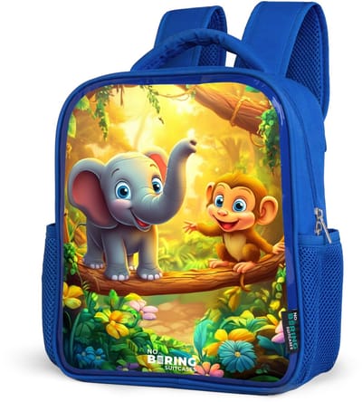 NoBoringSuitcases.com® - Rugzak blauw - Schooltas jongens - Olifant en aapje in kleurrijke jungle - Kinder rugtas jongen - Boekentas kind - Kinderrugzak voor school - Schoolrugzak