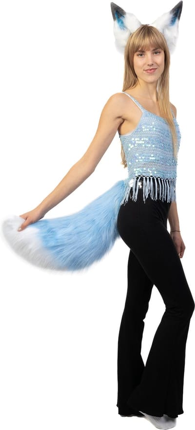 KIMU® Haarband Furry Oren & Staart Set Lichtblauw Wit - Kat Poes Vos Diadeem Dons Dieren Blauw - Dierenoren Oortjes Oor Lynx Hond Wolf Haren Festival