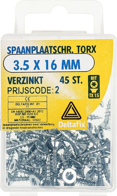 Spaanplaatschroe. Platkop / torx / met nibs / type 17 snijpunt. Verzinkt 3.5 x 16mm. lang. 45 Houtschroeven. Deltafix.