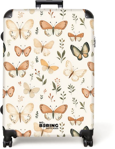 NoBoringSuitcases.com® - Koffer groot - Reiskoffer lichtgewicht - Vlinders in beige en oranjetinten tussen groene blaadjes - Rolkoffer met 4 wielen - Grote trolley XL - 98 liter bagage