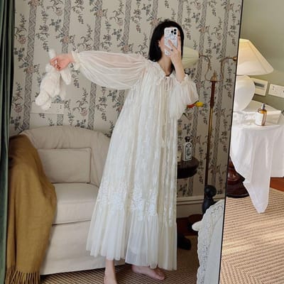 Vintage Wit Kant 2-delige Dames Badjas Set Vakantie Filmheldin Prinses Pyjama S