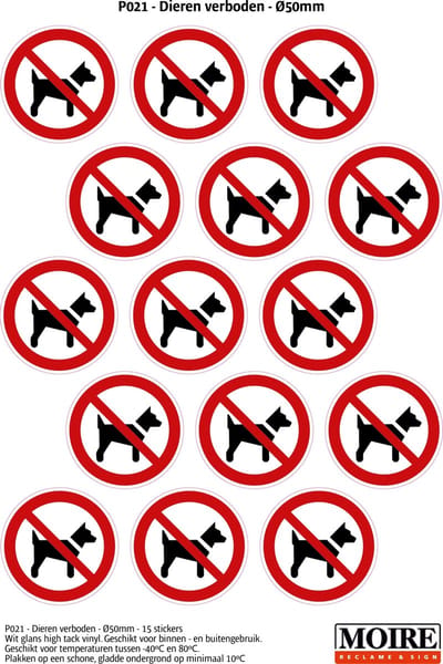 Pictogram sticker 75 stuks P021 - Dieren verboden - 50 x 50mm - 15 stickers op 1 vel