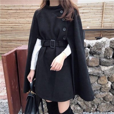 Koreaanse Nieuwe Stijl Effen Kleur Losse Cape Jas Ingezette Taille Wollen Middellange Jas Dames Winter Tops Voor Vrouw One Size zwart