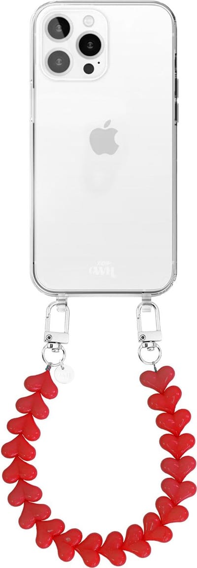 xoxo Wildhearts siliconen hoesje - Geschikt voor iPhone 16 Pro Max hoesje - Funky Hearts - Telefoonhoesje - Hoesje met koord - Rood koord - kort telefoonkoord - Hartjes ketting - Transparant hoesje
