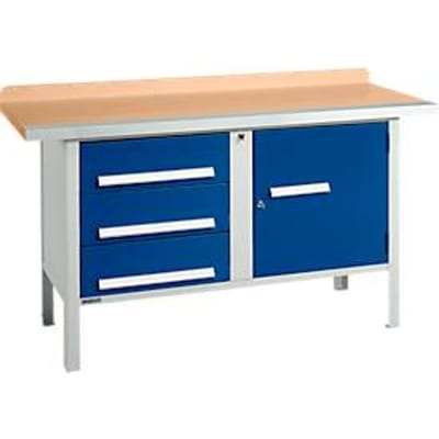 Box-type werkbank Schäfer Shop Select PWi 150-4, beuken multiplex plaat, met stalen rand, tot 750 kg, B 1500 x D 700 x H 840 mm, gentiaanblauw