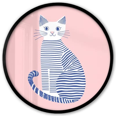Poster in lijst Rond - Fotolijst 40x40 cm - Posters - Kat - Illustratie - Minimalistisch - Roze - Ronde posterlijst zwart - Decoratie - Wanddecoratie woonkamer - Muurdecoratie slaapkamer