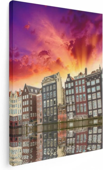 Artaza Canvas Schilderij Grachtenpanden - 30x40 cm - Klein - Wanddecoratie Amsterdam - Muurdecoratie Zonsondergang - Kamer Accessoires