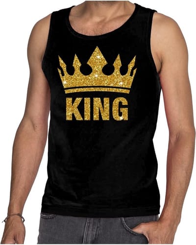 Zwart King gouden glitter kroon tanktop/hemd - mouwloos shirt heren - Zwart Koningsdag kleding S